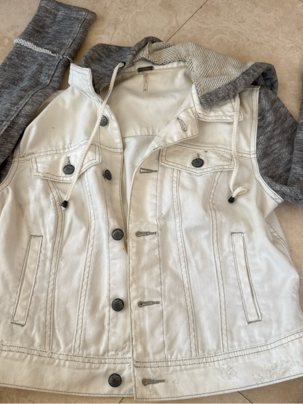 Free People White Denim Jacket with Gray Hoodie Sleeves